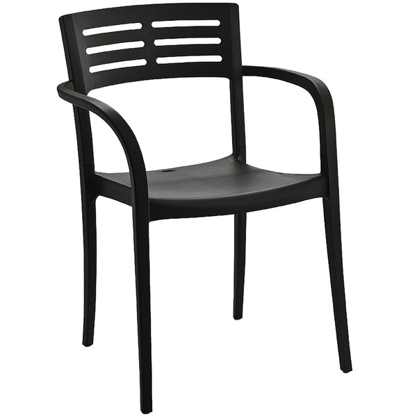 A case of 16 black Grosfillex Vogue resin stackable armchairs.