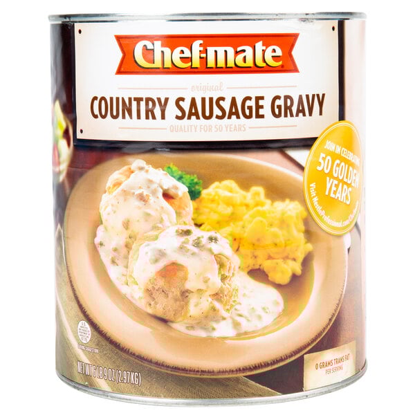 A Chef-Mate #10 can of Country Sausage Gravy on a white background.