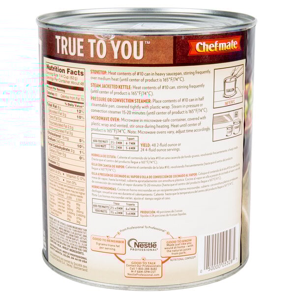 A #10 can of Chef-Mate Country Sausage Gravy on a grocery store shelf.