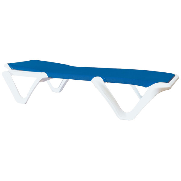 A white chaise lounge with a blue sling seat.