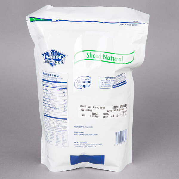 A white bag of Blue Diamond Raw Sliced Almonds with blue text.