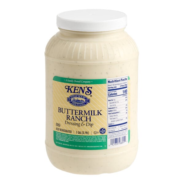 A 1-gallon plastic jar of Ken's Buttermilk Ranch Dressing and Dip.