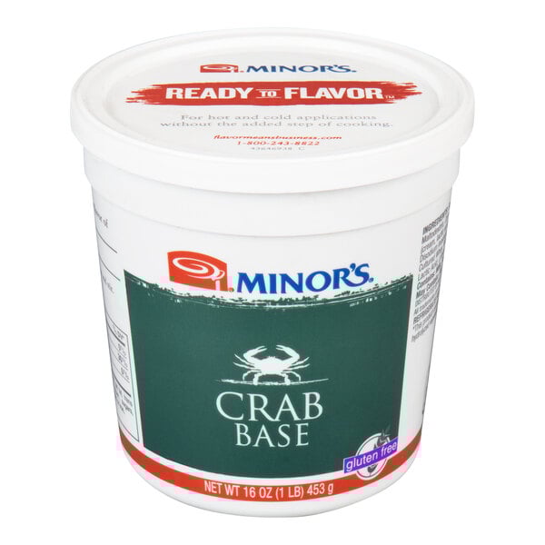 A white Minor's container with a green and white label for ready to use crab base.