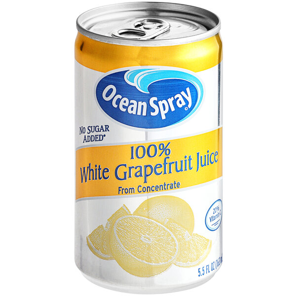 A close up of an Ocean Spray White Grapefruit Juice can with a label.