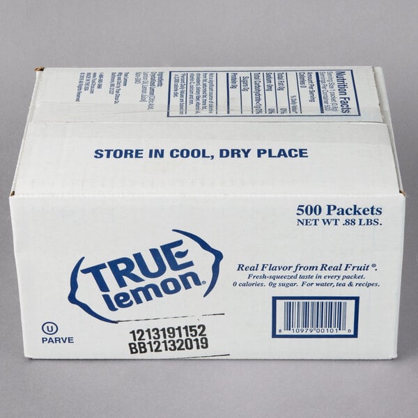 A white box of True Citrus unsweetened lemon mix packets with blue text.