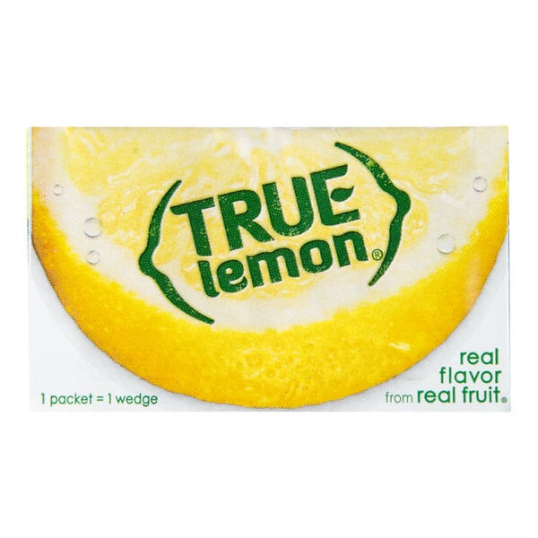 A packet featuring an image of a lemon wedge with the words 'TRUE lemon' printed on it, along with text indicating it contains real flavor from real fruit.