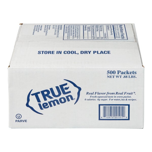 A white cardboard box labeled 'TRUE lemon' containing 500 packets of unsweetened lemon mix.