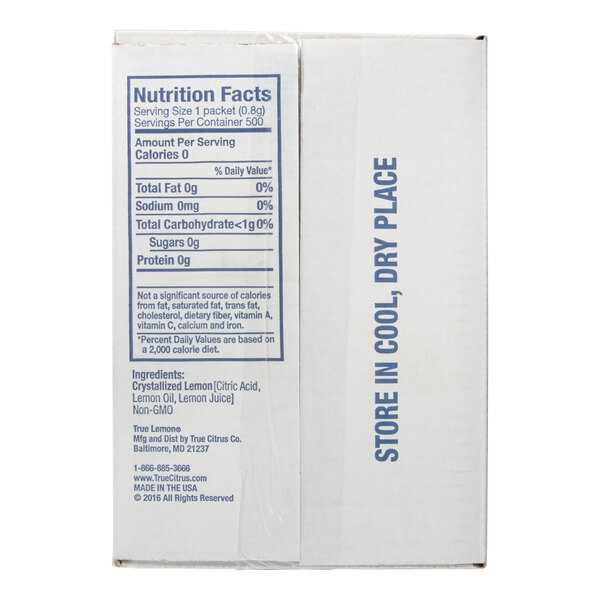 A white box with nutrition facts and storage instructions printed in blue text on the side.