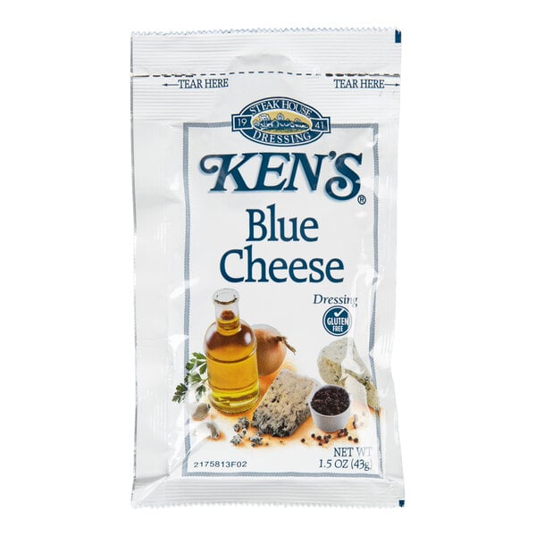 A single-serve packet of Ken's Blue Cheese Dressing with images of blue cheese, oil, onion, and spices on the front.