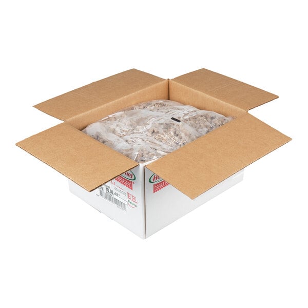 A cardboard box containing a sealed plastic bag of fully cooked beef pizza topping crumbles.
