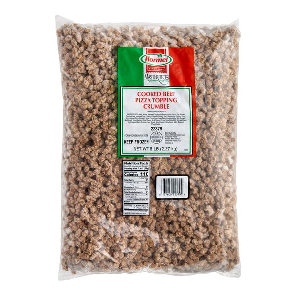 A 5 lb. bag of Hormel Masterpieces fully cooked beef pizza topping crumble.