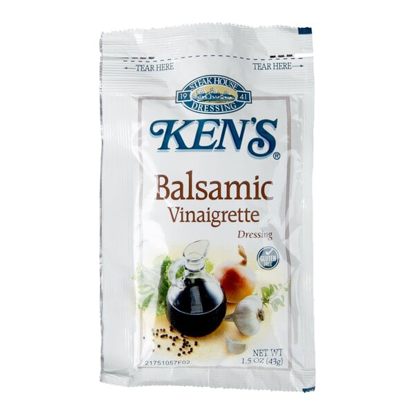 A single-serve packet of Ken's Balsamic Vinaigrette dressing with images of ingredients on the front.