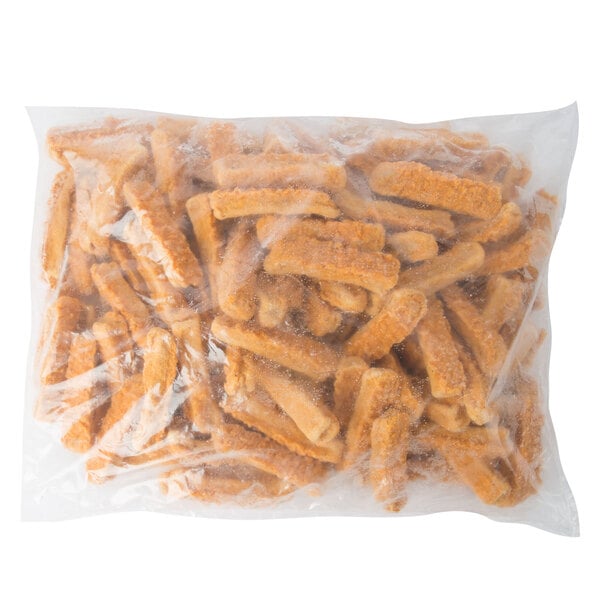 A white bag of Brakebush Gold'N'Spice Chik'N Fry Stix.