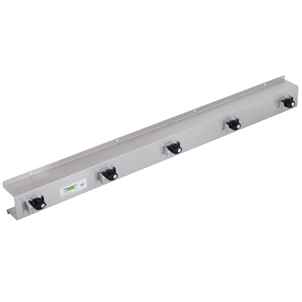 A Regency stainless steel mop and broom rack with 5 holders on a metal bar with black knobs.