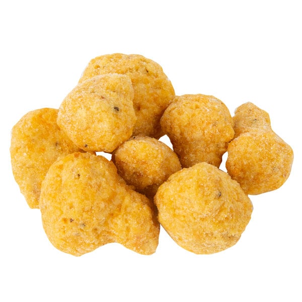 A pile of McCain Anchor Battered Mushrooms on a white background.