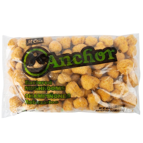 A white bag of McCain Anchor Battered Mushrooms.