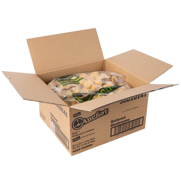 A white box with a McCain Anchor Battered Mushrooms bag inside.