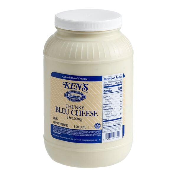 A 1-gallon container of Ken's Foods Chunky Bleu Cheese Dressing.