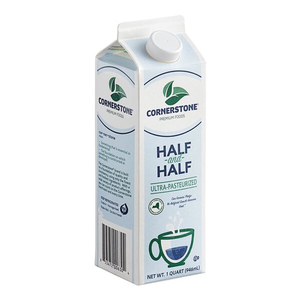 A white carton of Grade A Ultra-Pasteurized Half and Half with a blue and white label.