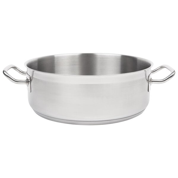 A silver Vollrath stainless steel brazier pot with handles.