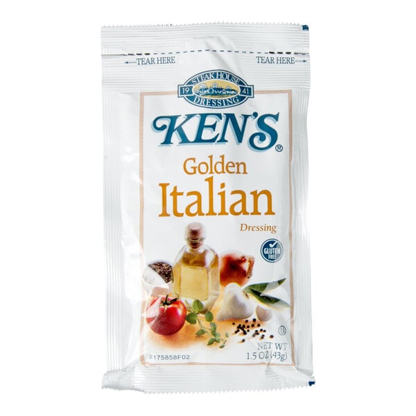 A single-serve packet of Ken's Golden Italian Dressing with images of vegetables and herbs on the front.