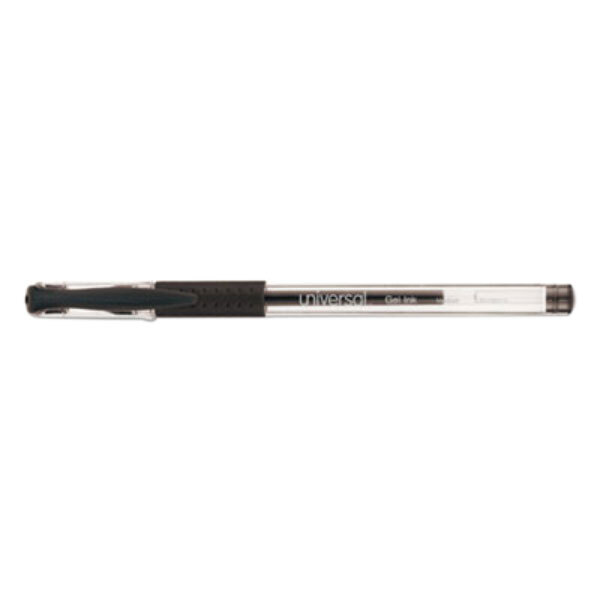 A Universal black gel stick pen with a clear barrel and black cap.