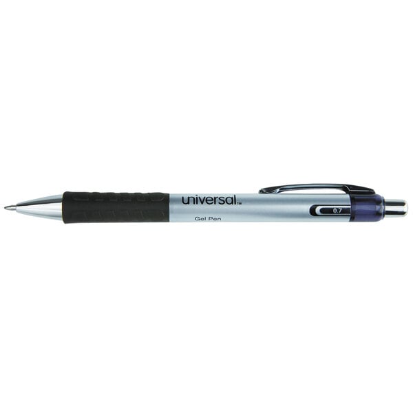 A close-up of a Universal black gel pen with silver tip and black trim.