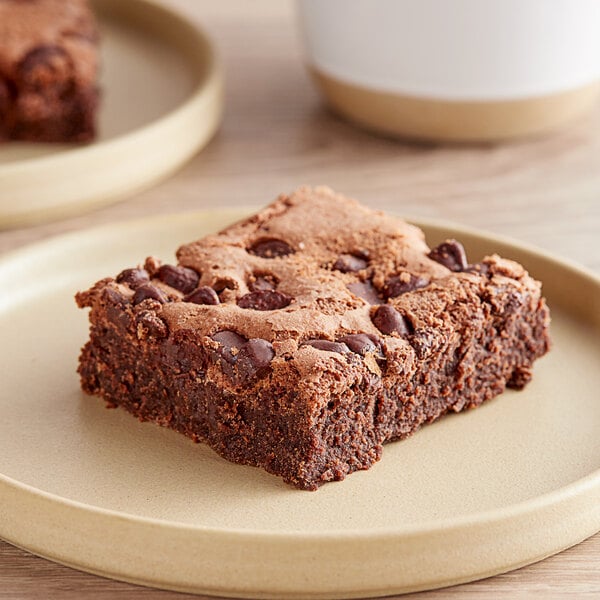 A David's Cookies pre-cut chocolate chip brownie on a plate with a second brownie.