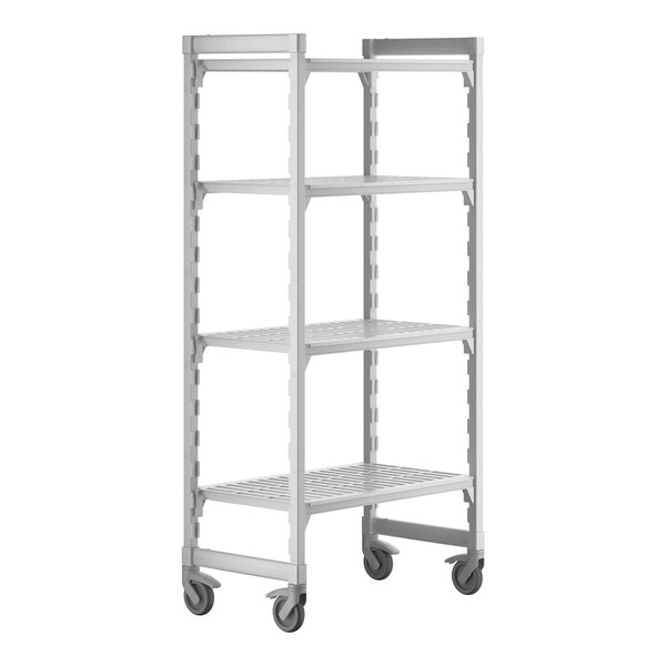 A white plastic Cambro Camshelving® Premium mobile shelving unit with four shelves and wheels.