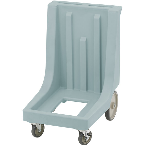A slate blue plastic Cambro Camdolly with wheels.