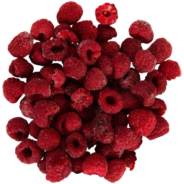 A pile of IQF red raspberries.