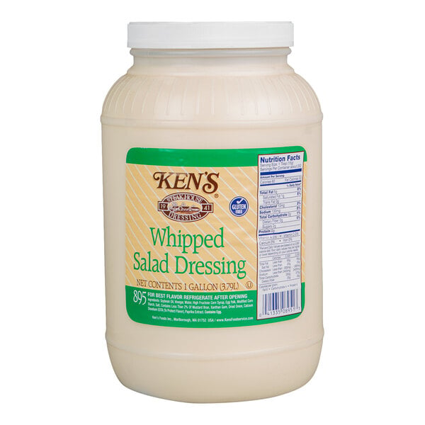 A large plastic jar labeled 'Ken's Whipped Salad Dressing' with a white screw-on lid and nutrition facts on the front.
