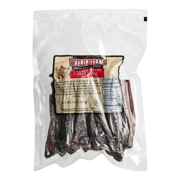A bag of Wild Bill's Hickory-Smoked Beef Jerky on a white background.