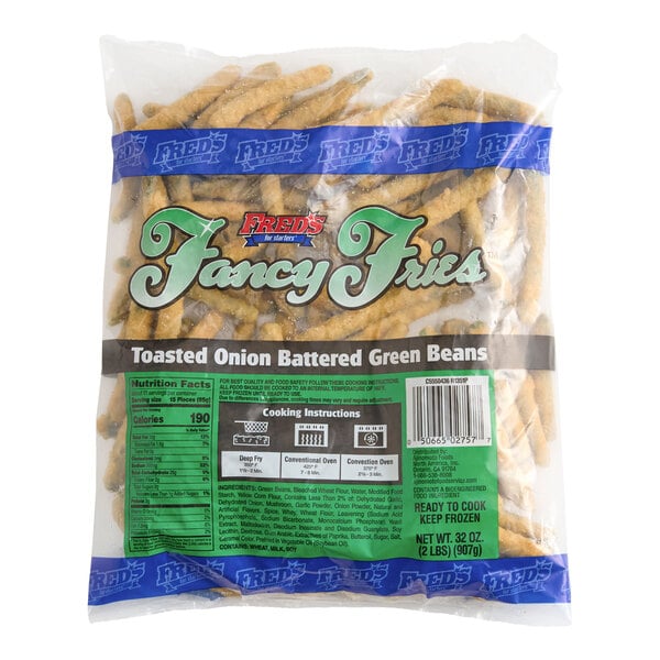 A 2 lb. bag of Fred's Fancy Fries toasted onion battered green beans.