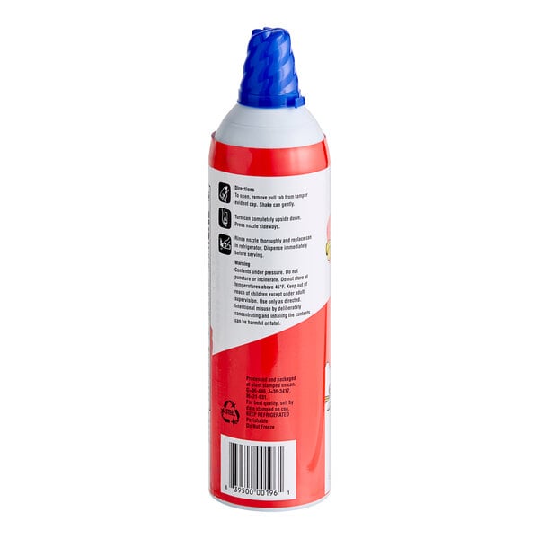 A red, white, and blue Sommer Maid aerosol whipped topping can with a blue cap.