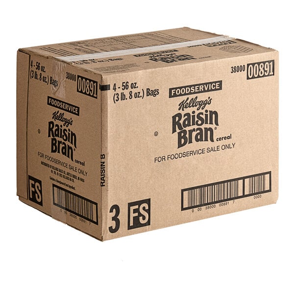 A Kellogg's Raisin Bran box with black and white text and a bar code.