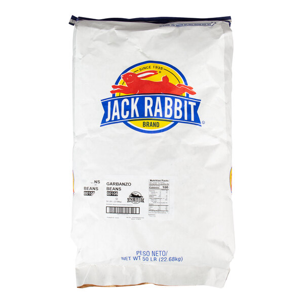 A white Jack Rabbit bag of 50 lb. dry garbanzo beans with a red rabbit logo and label.