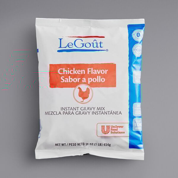 A white package of LeGout Chicken Flavored Instant Gravy Mix with blue and red text.