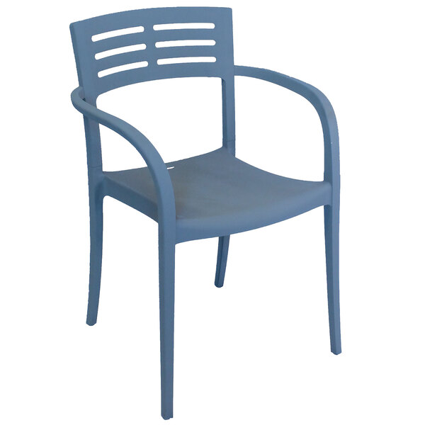 A pack of 4 blue resin stackable armchairs with arms and backrests.