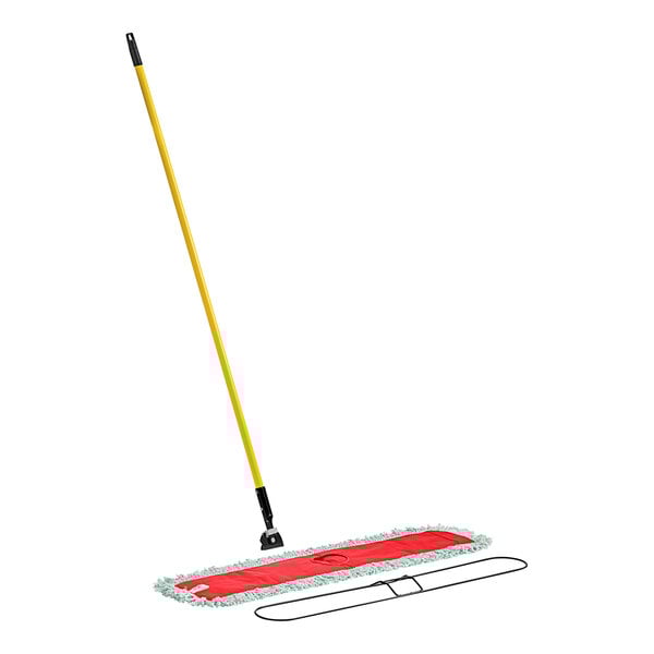 A Lavex all-in-one microfiber dust and dry mop with a yellow handle.