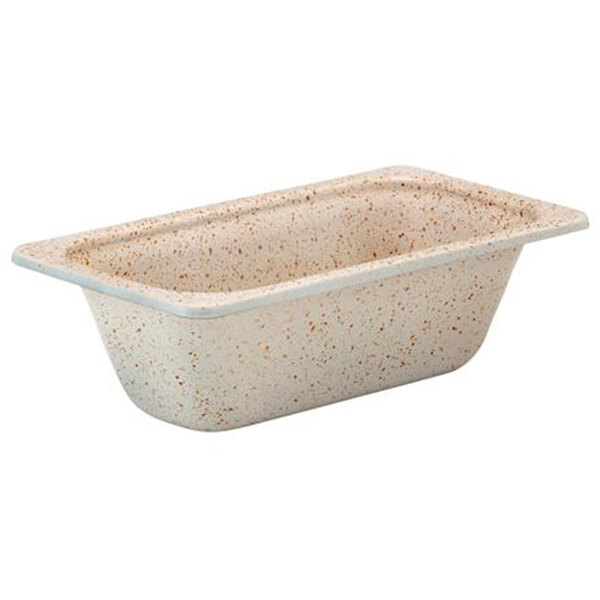 A white and brown speckled stainless steel food pan with the words "HotStone 2 Qt. Desert" on the front.