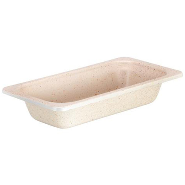 A white rectangular stainless steel food pan with a white border.