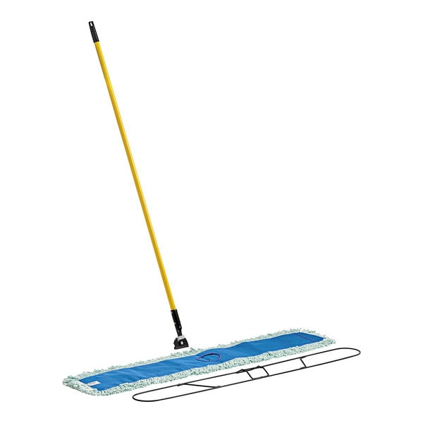 A Lavex all-in-one microfiber dust mop with a yellow handle.