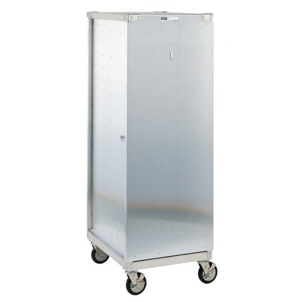 A silver metal Metro CD4N bun pan rack cabinet on wheels.