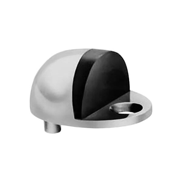A black and silver metal FMP brass floor mount door stop with a hole in it.