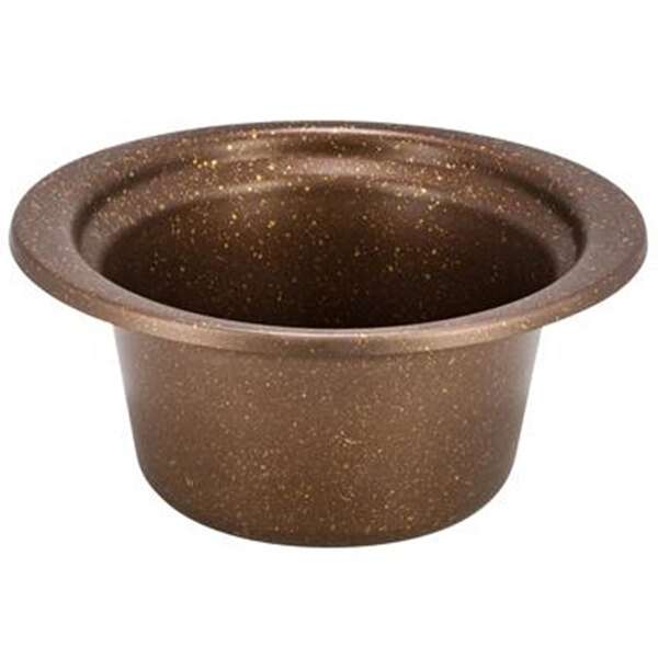 A brown round Bon Chef stainless steel food pan with a speckled surface.