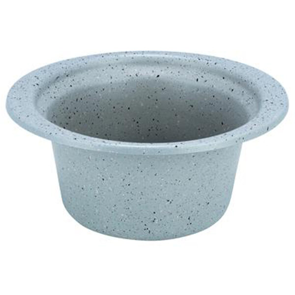 A stainless steel round food pan with a speckled grey surface.