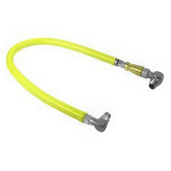 A yellow gas hose with metal quick disconnect and black installation kit.