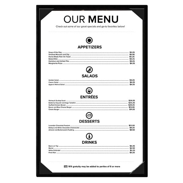 A black leather-like menu board with white text on it.