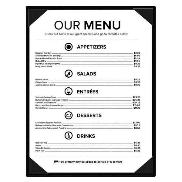 A Menu Solutions Chadwick Collection leather-like menu cover with black text on a white background.